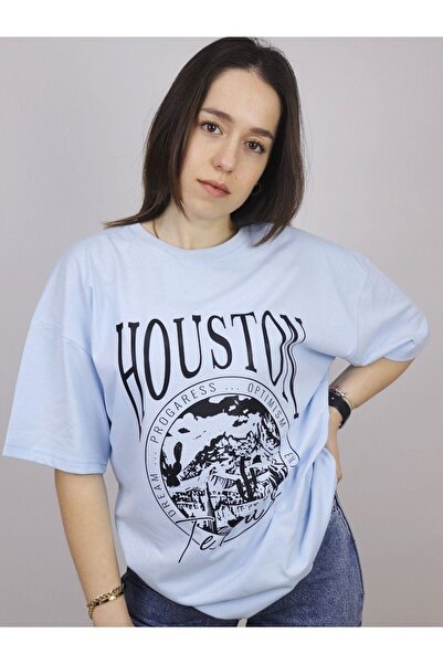 ORLONTEX Tricou oversize unisex Baby Blue Houston cu imprimeu rotund