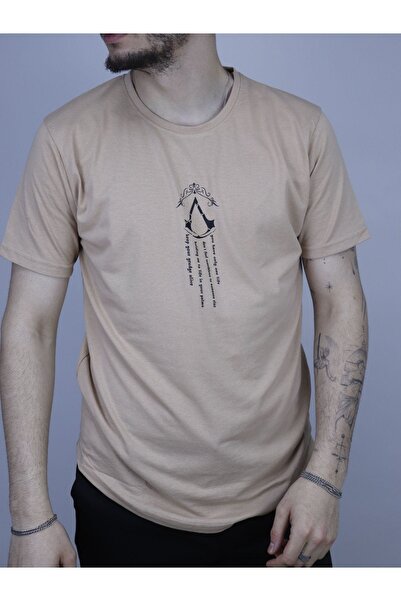 ORLONTEX Tricou unisex bej cu imprimeu vertical