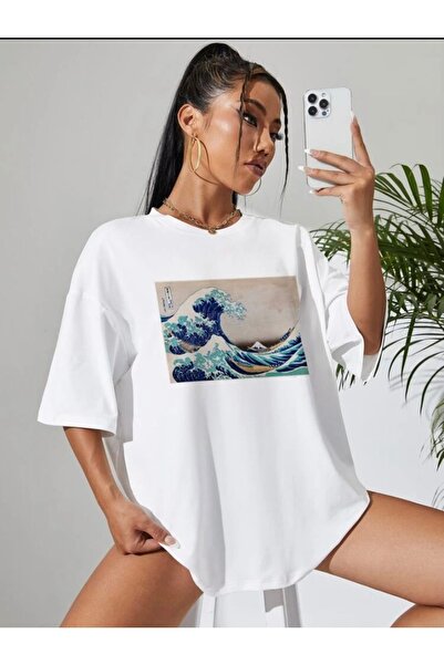 LOUİSA Γυναικείο μπλουζάκι Oversize Sea Waves με στάμπα λευκό με λαιμόκοψη