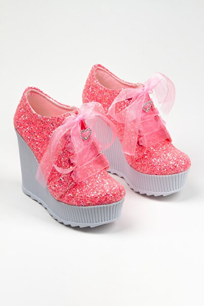 DARUGA Ροζ λαμπερό φόρεμα υψηλής ποιότητας Σφηνοειδές τακούνι πολύ κομψό νυφι...