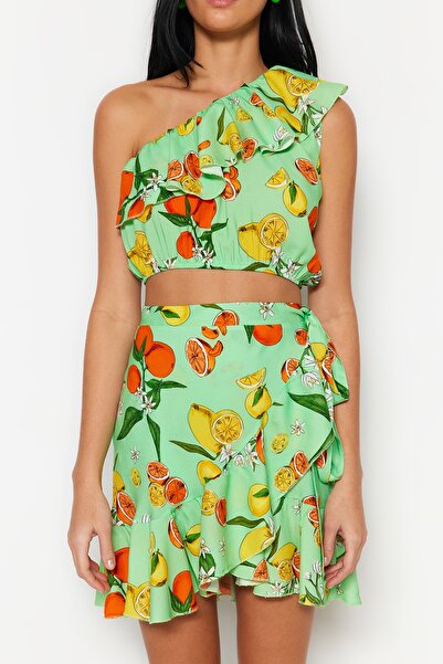 Trendyol Collection Fruit Print Woven Flounce One Shoulder Blouse Beach Skirt Suit Tbess23Au00173