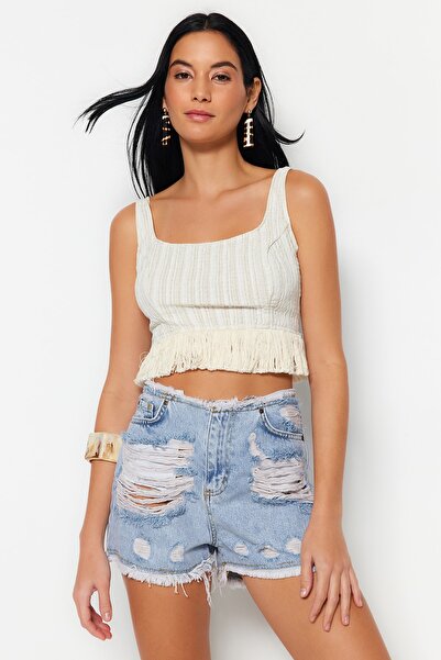 Trendyol Collection Pantaloni scurți albaștri mini din denim rupt 100% bumbac