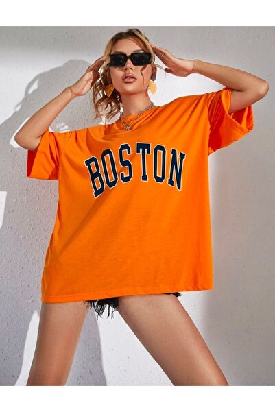 LOUİSA Tricou portocaliu unisex oversize cu imprimeu Boston cu decolteu triplu