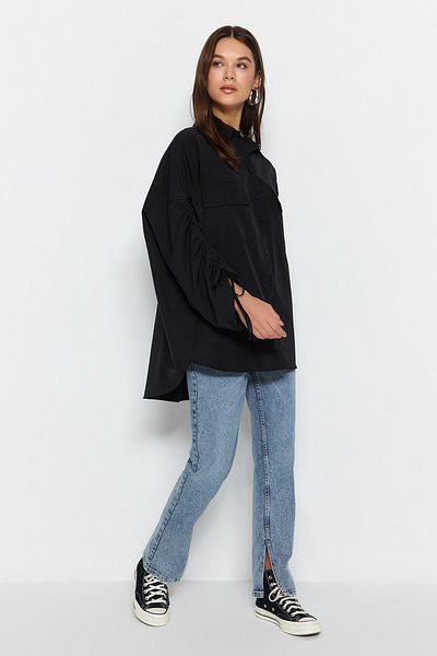 Trendyol Modest Black Sleeve Adjustable Gather Detailed Woven Cotton Shirt TCTSS23TG00011