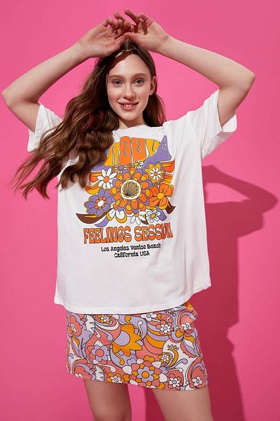 DeFacto Cool Oversize Fit Crew Neck Slogan Printed Short Sleeve 100% Cotton T-Shirt