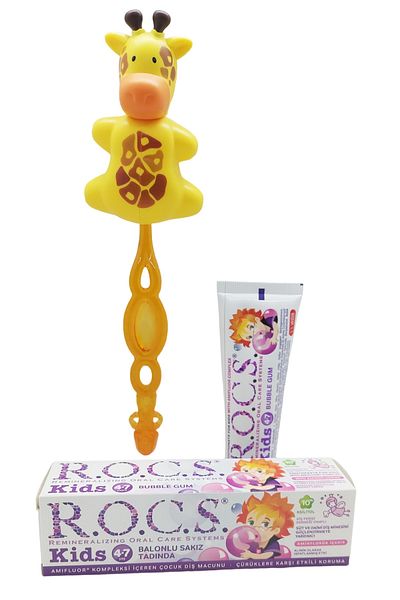 R.O.C.S. مجموعة العناية بالفم الكاملة للأطفال من سن 4 إلى 7 سنوات - معجون بالون + فرشاة أطفال + حاوية تخزين الزرافة