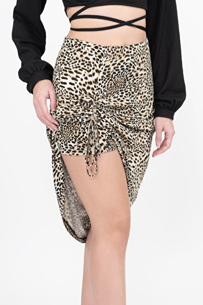 Soyo Beige Black Leopard Patterned Viscose Adjustable Slit Double Skirt