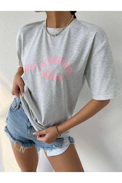 SELENA BUTİK Μοναδικό μπλουζάκι με στάμπα Oversize Grey Have A Good Day