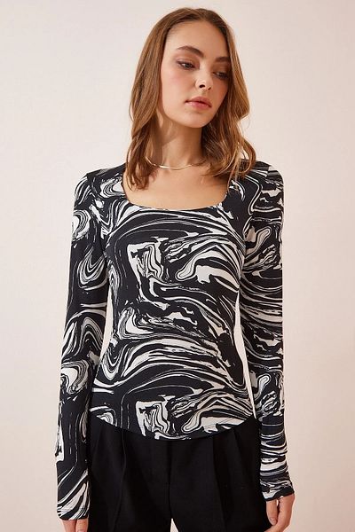 laughs Women's Square Collar Long Sleeve Front Double Layer Plain Basic Slim Blouse Blz1184