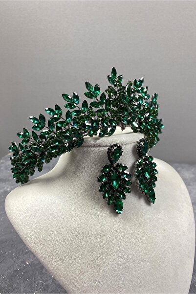 FdayAksesuar Set de coroană de mireasă și cercei subțiri Green Asha cu mărgel...