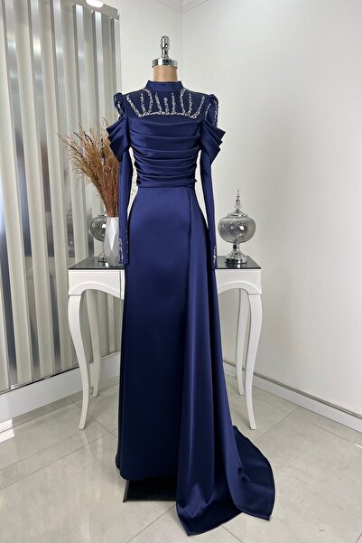 Rana Zenn Lacivert Kuyruklu Drapeli Taş Detaylı Rüya Abiye