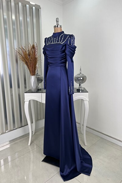 Rana Zenn Lacivert Kuyruklu Drapeli Taş Detaylı Rüya Abiye