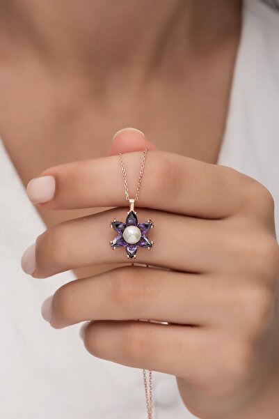 klas gümüş Incili Lotus Ametist Taşlı Rose Kolye-925 Ayar Gümüş