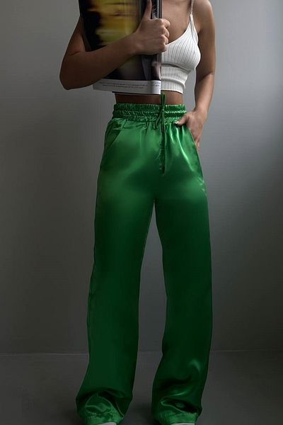 lovebox Women's High Waist Wide Leg Pocket Detailed Lace Up Satin Green Trousers 9139