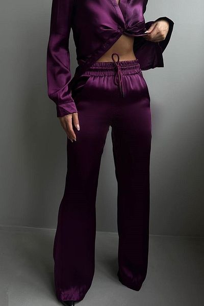 lovebox Women's High Waist Wide Leg Pocket Detailed Lace Up Satin Purple Trousers 9139