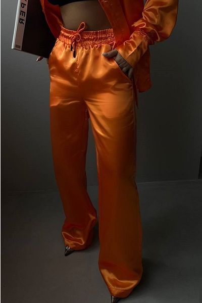 bayansepeti Women's High Waist Wide Leg Pocket Detailed Lace Up Satin Orange Trousers 9139