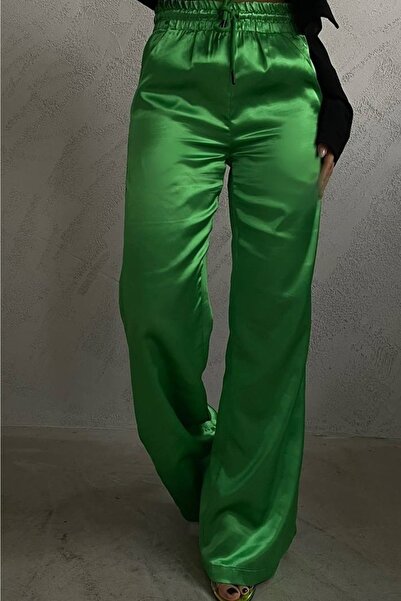 bayansepeti Women's High Waist Wide Leg Pocket Detailed Lace Up Satin Green Trousers 9139