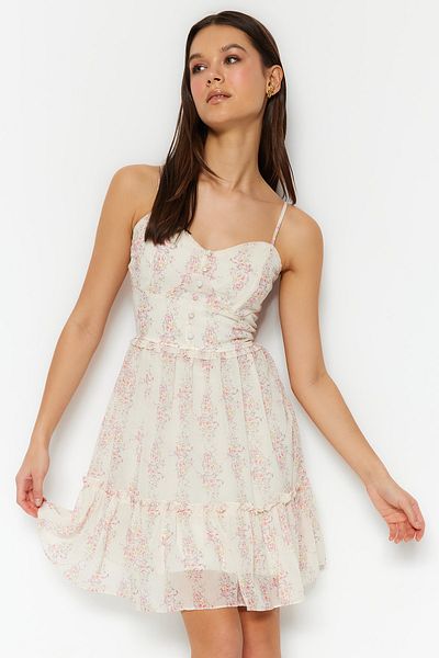 Trendyol Collection Ecrufarbenes, floral bedrucktes Minikleid aus gewebtem Chiffon mit V-Ausschnitt und Taillenöffnung, gefüttert TWOSS23EL01782