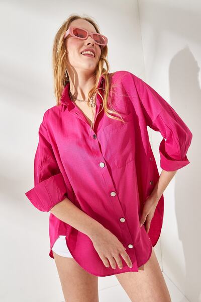 Olalook Dámská fuchsiová oversize tkaná košile s detailem na knoflíky na bocích GML-19001004