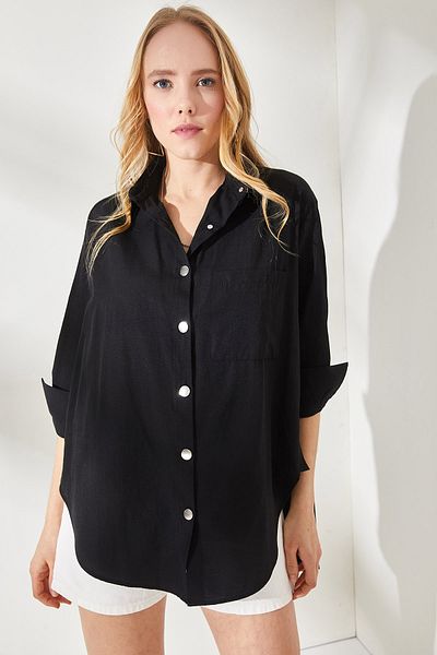 Olalook Dámská černá oversize tkaná košile s detailem na knoflíky na bocích GML-19001004