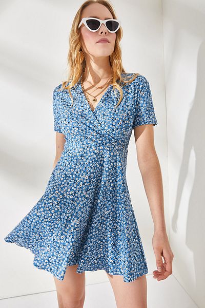 Olalook Rochie evazată cu guler dublu Indigo Little Daisy pentru femei ELB-19001846