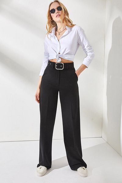 Olalook Women's Black Metal Buckle Belt Scuba Crepe Palazzo Trousers PNT-19000208