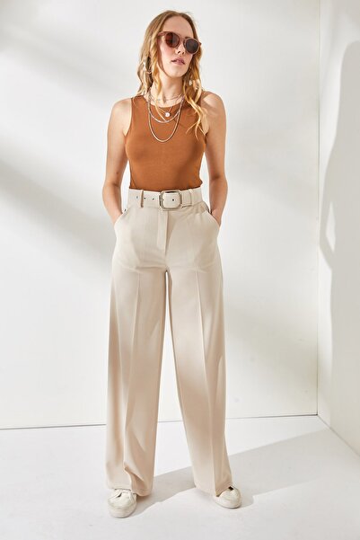 Olalook Kadın Taş Metal Toka Kemerli Scuba Krep Palazzo Pantolon PNT-19000208