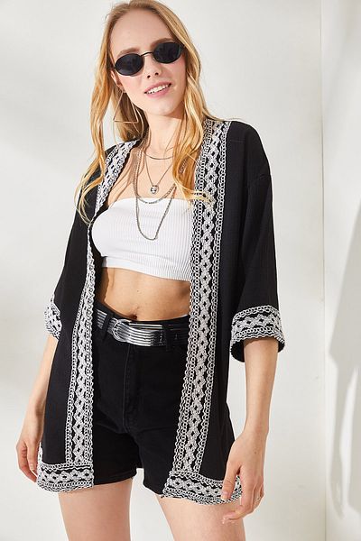 Olalook Dámské kimono Kaftan s černým pruhem a podrobnou texturou KMN-00000055