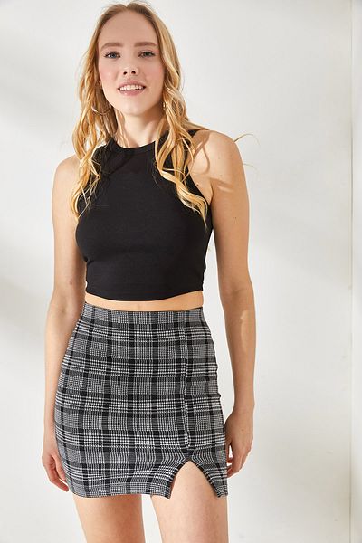 Olalook Women's Plaid Black Top Rambo Athlete Mini Skirt with Bottom Slit TKM-19000190