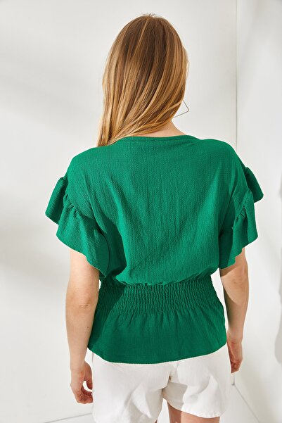 Olalook Γυναικεία πράσινη μπλούζα γρασίδι ελαστική μπλούζα μέσης με μανίκια κροστά BLZ-19002201