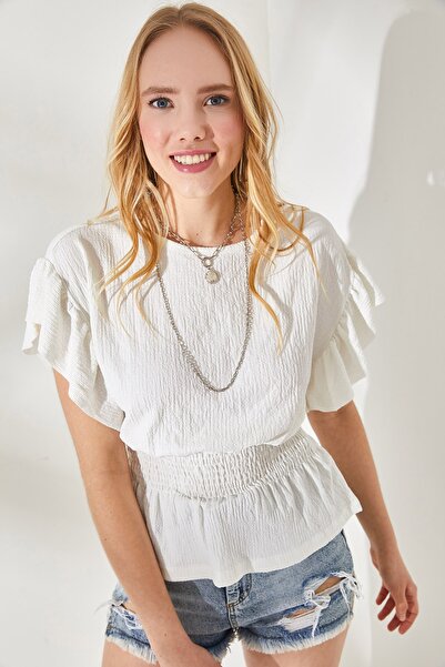 Olalook Kadın Beyaz Beli Lastikli Kolu Fırfırlı Yarasa Bluz BLZ-19002201