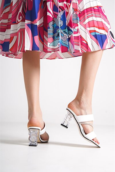 Weynes White Women's Thick Banded Transparent Heeled Sandals Slippers Wsb0424