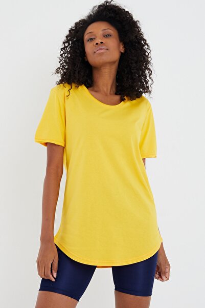 Tarz Cool Women's Yellow Oval Skirt Wide Collar 100% Cotton Short Sleeve T-Shirt