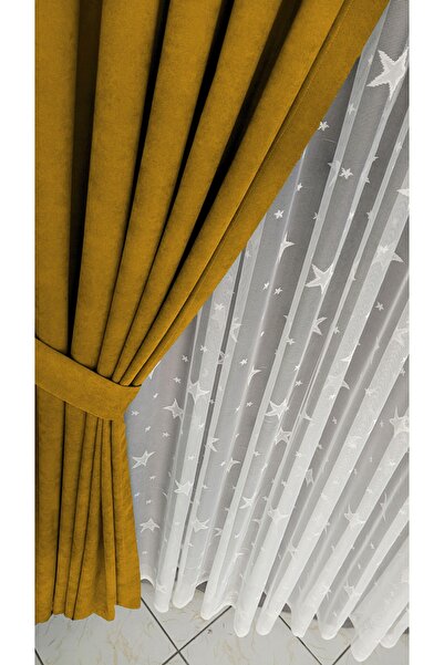 Yuka Diamond Double Wing Mustard Velvet Textured Closely Pleated Plain Island Background Curtain Plain 80 x 260