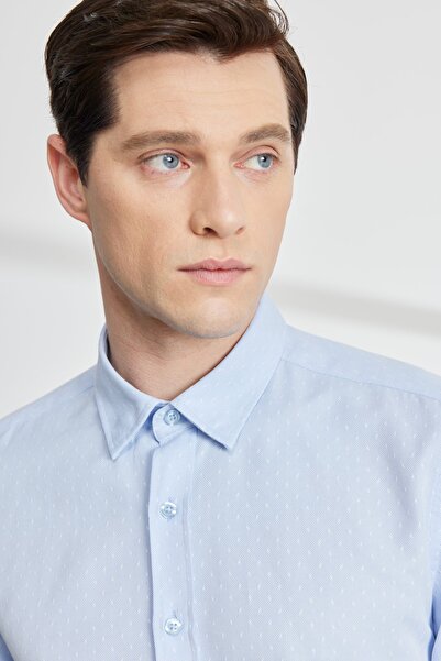 ALTINYILDIZ CLASSICS Erkek Açık Mavi Slim Fit Dar Kesim Gizli Düğme Yaka Pamuklu Armürlü Gömlek