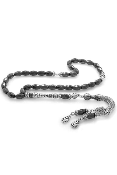 Tesbihane Kararmaz Metal Püsküllü Arpa Kesim Faset Hematit Doğaltaş Tesbih