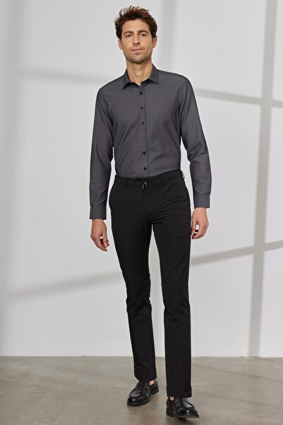 ALTINYILDIZ CLASSICS Cămașă Dobby din bumbac, neagră, slim fit, cu croi îngust, cu guler clasic