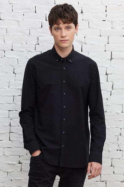 ALTINYILDIZ CLASSICS Men's Black Slim Fit Narrow Cut Button Collar 100% Cotton Shirt