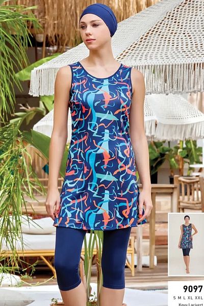 ROZAMAY Women's Strappy Lycra Semi-Covered Hijab Swimsuit 9097 Dark Navy Blue