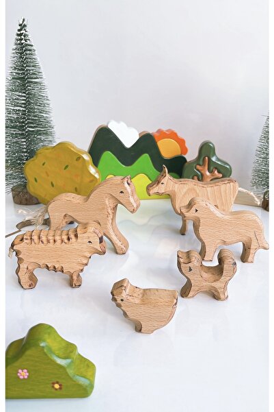 BİLMİŞ ÇOCUK مجموعة حيوانات المزرعة الخشبية الطبيعية من والدورف 6 قطع