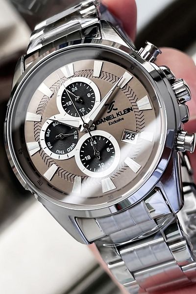 Daniel Klein Exclusive Men's Wristwatch 3 Atm Waterproof Silver Color Steel Strap + Natural Stone Bracelet Elg94