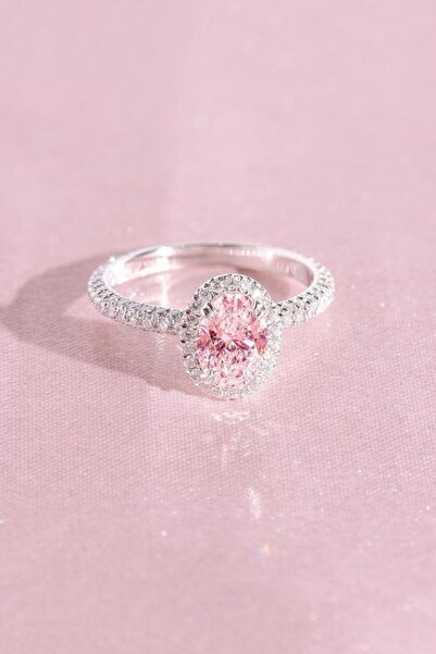 Crystal Diamond Zirconia Pembe Oval 1 Karat Tektaş Yüzük