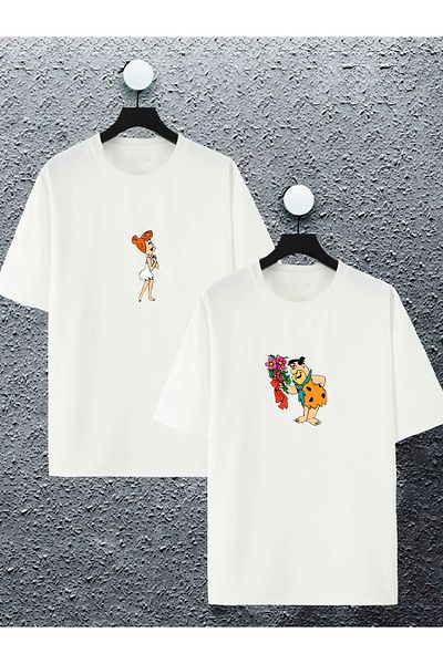 Joza Outdoors Γυναικείες άντρες Fred Flintstone And Wilma Printed Lover Couple Combination Design Σετ μπλουζάκι μεγάλου μεγέθους 2 τεμαχίων