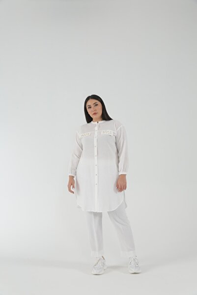 MÜSEMMA Büyük Beden Dokuma Kumaş Süs Cep Detaylı Kolları Lastikli Ceylin Gömlek 23ygml-mus0003