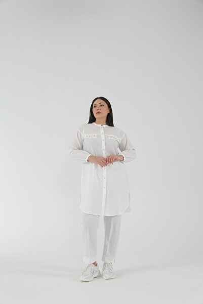 MÜSEMMA Büyük Beden Dokuma Kumaş Süs Cep Detaylı Kolları Lastikli Ceylin Gömlek 23ygml-mus0003