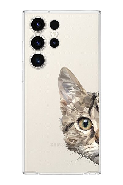 PrintiFy Samsung Galaxy S23 Ultra Uyumlu Kamera Korumalı Kapak Catface Tasarımlı Şeffaf Kılıf