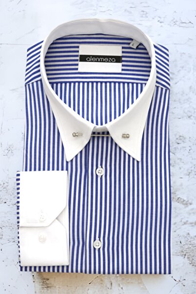 alenmeza Erkek Mavi Beyaz Çizgili Beyaz Iğneli Yakalı Casual Kolay Ütülenebilir Cepsiz Modern Fit Gömlek