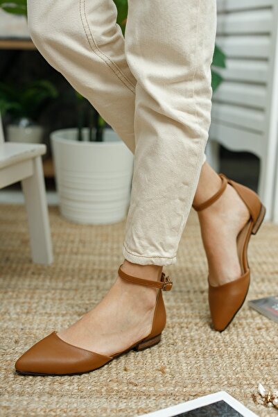 DURUNUN BUTİĞİ Folder Tan Curea la gleznă Vârf ascuțit Balerini zilnici