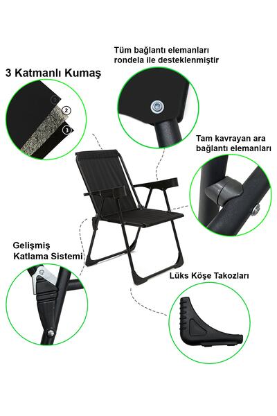 moniev Silva 4 Adet Kamp Sandalyesi Bardaklıklı Lüks Piknik Sandalye Siyah + Katlanır Mdf Masa