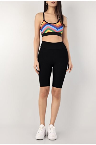 MODA UGS Siyah Fitilli Seamles Kısa Şort Tayt Yüksek Bel Örme Biker Sportayt Toparlayıcı